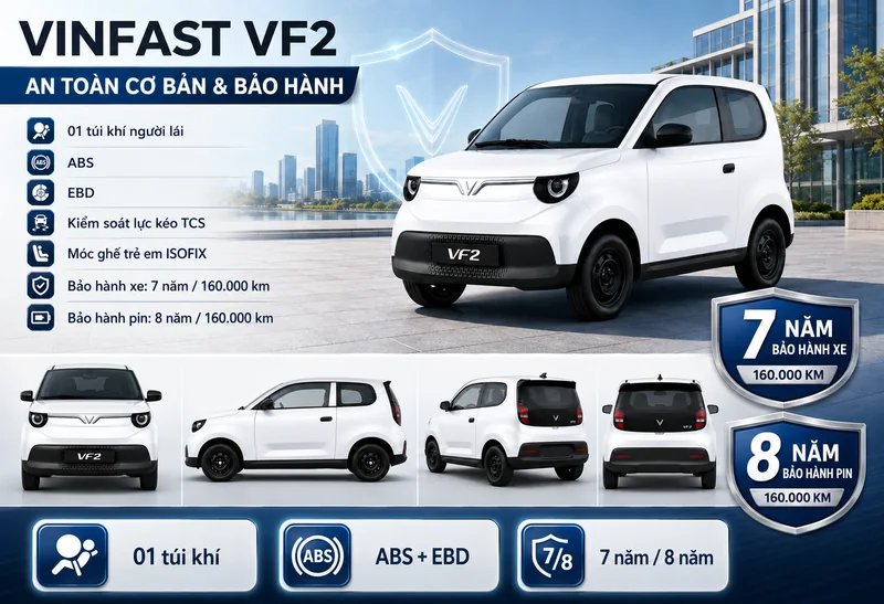 VinFast VF2 màu trắng với hệ thống an toàn cơ bản gồm 1 túi khí người lái, ABS, EBD, kiểm soát lực kéo TCS, bảo hành xe 7 năm và pin 8 năm
