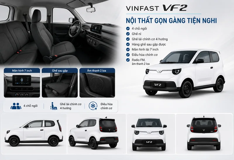 Nội thất gọn gàng tiện nghi của VinFast VF2 với 4 chỗ ngồi, ghế nỉ, ghế lái chỉnh cơ 4 hướng, hàng ghế sau gập được, màn hình lái 7 inch, điều hòa chỉnh cơ và hệ thống âm thanh 2…