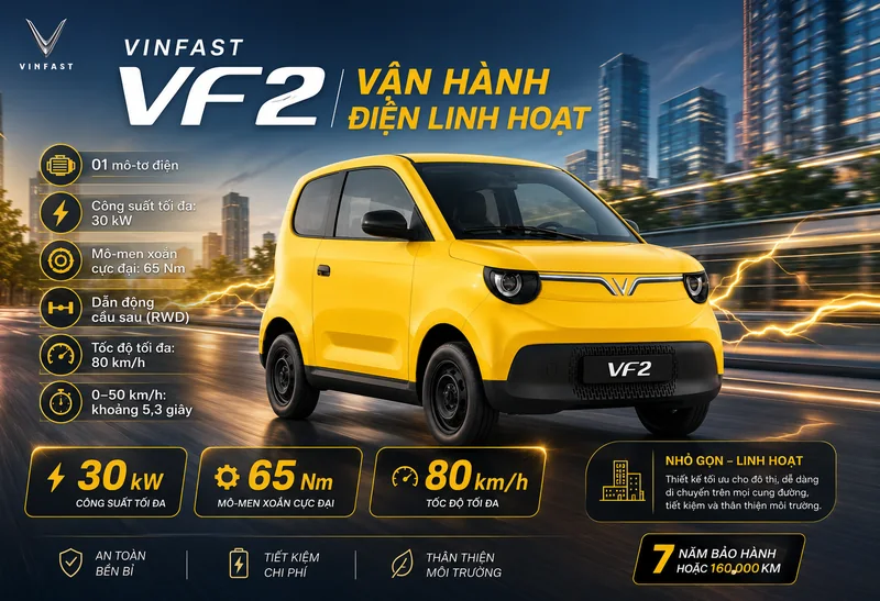 VinFast VF 2 màu vàng với các thông số vận hành như công suất 30 kW, mô-men xoắn 65 Nm, tốc độ tối đa 80 km/h và khả năng tăng tốc 0-50 km/h trong 5,3 giây