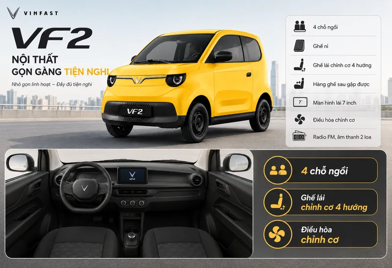 Nội thất VinFast VF 2 với ghế nỉ, ghế lái chỉnh cơ 4 hướng, hàng ghế sau gập được, màn hình lái 7 inch, điều hòa chỉnh cơ và âm thanh 2 loa Radio FM