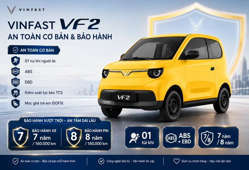 VinFast VF 2 an toàn cơ bản với 1 túi khí người lái, ABS, EBD, kiểm soát lực kéo TCS và móc ghế trẻ em ISOFIX