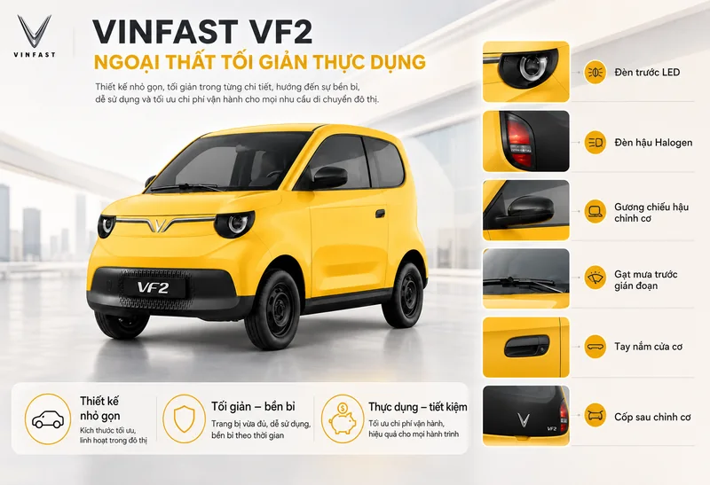 Ngoại thất VinFast VF 2 màu vàng với đèn trước LED, đèn hậu Halogen, gương chiếu hậu chỉnh cơ, tay nắm cửa cơ và gạt mưa trước gián đoạn