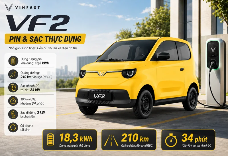 VinFast VF 2 màu vàng với pin dung lượng 18,3 kWh, quãng đường 210 km mỗi lần sạc, sạc nhanh 34 phút và phanh tái sinh tiết kiệm năng lượng