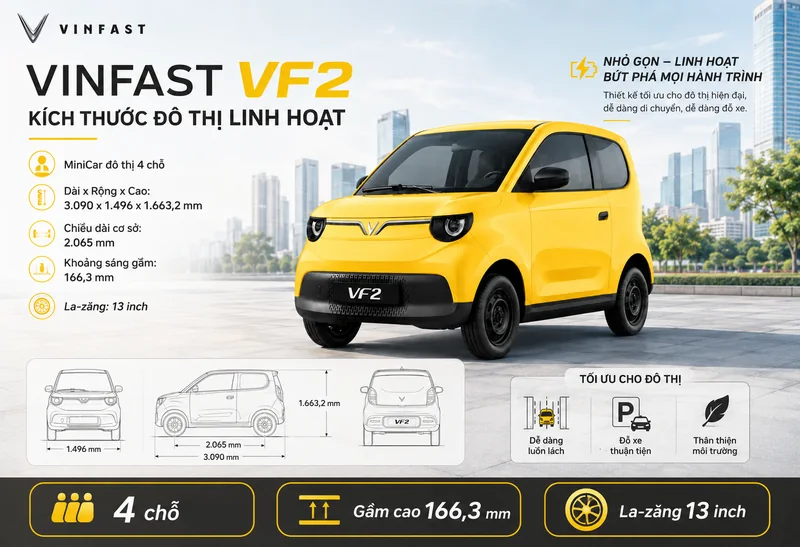 VinFast VF 2 màu vàng với kích thước đô thị nhỏ gọn, chiều dài 3.090 mm, rộng 1.496 mm, cao 1.663,2 mm, la-zăng 13 inch và chiều dài cơ sở 2.065 mm