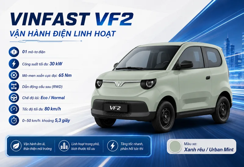 VinFast VF2 với mô-tơ điện 30 kW, mô-men xoắn 65 Nm, vận hành êm ái, tăng tốc nhanh, màu xanh rêu nổi bật