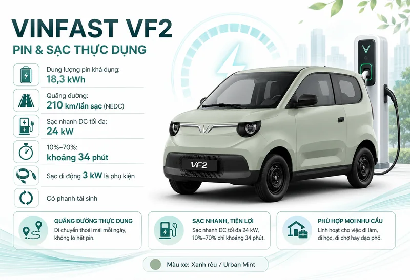 VinFast VF2 với pin 18,3 kWh, quãng đường 210 km, sạc nhanh DC 24 kW, thời gian sạc 34 phút