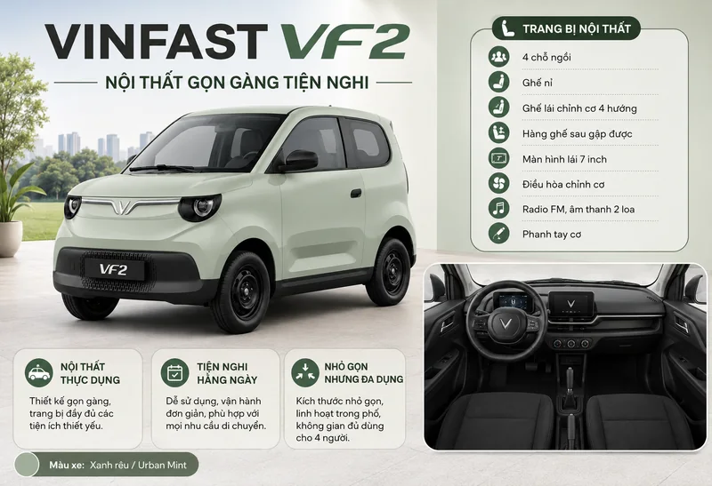 Nội thất VinFast VF2 gọn gàng với 4 chỗ ngồi, ghế nỉ, màn hình lái 7 inch, điều hòa chỉnh cơ, radio 2 loa