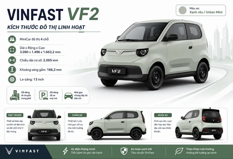VinFast VF2 kích thước nhỏ gọn 3.090 x 1.496 x 1.663,2 mm, la-zăng 13 inch, thiết kế đô thị linh hoạt