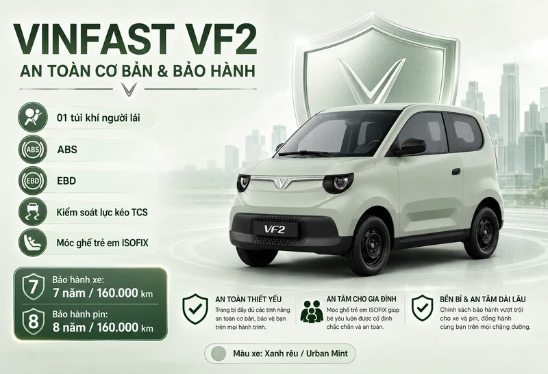 VinFast VF2 an toàn cơ bản với túi khí người lái, ABS, EBD, TCS, móc ghế trẻ em ISOFIX, bảo hành 7 năm