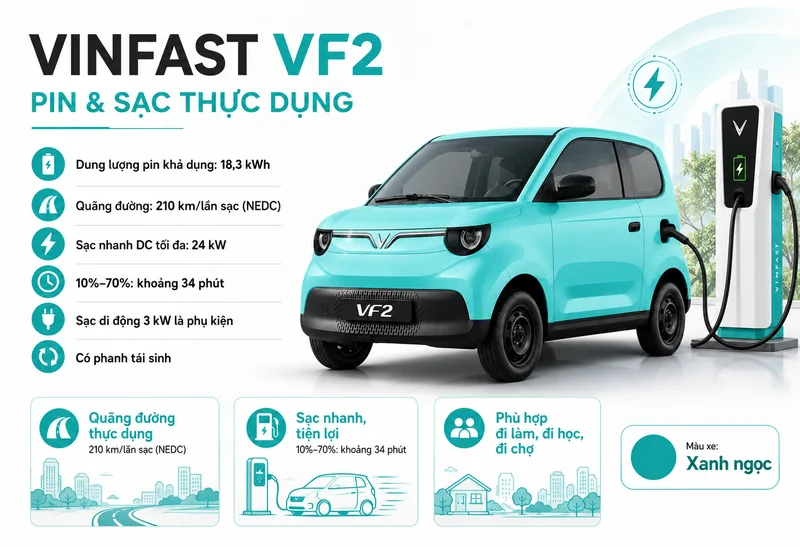 Xe VinFast VF 2 màu xanh ngọc đang sạc điện với các thông số pin và sạc thực dụng hiển thị bên cạnh