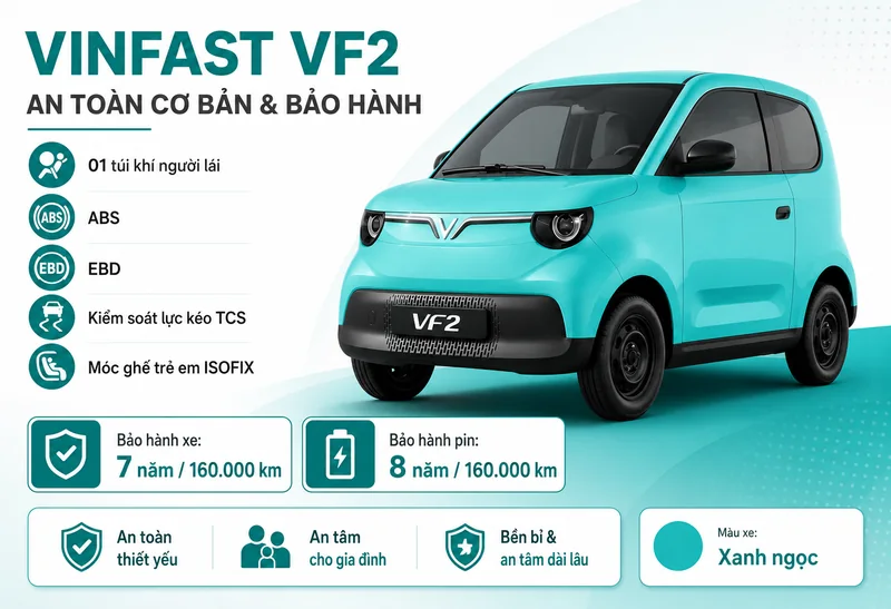 Xe VinFast VF 2 màu xanh ngọc với các biểu tượng an toàn cơ bản và bảo hành dài hạn