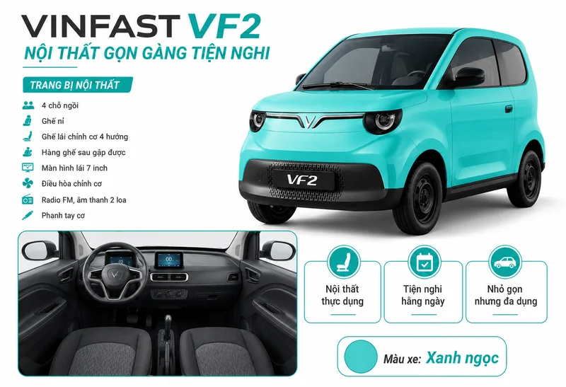 Nội thất xe VinFast VF 2 màu xanh ngọc với ghế nỉ, màn hình lái 7 inch và điều hòa chỉnh cơ