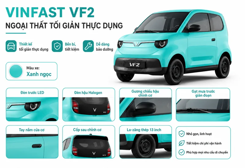 Ngoại thất xe VinFast VF 2 màu xanh ngọc với các chi tiết đèn LED, gương chiếu hậu và la-zăng 13 inch