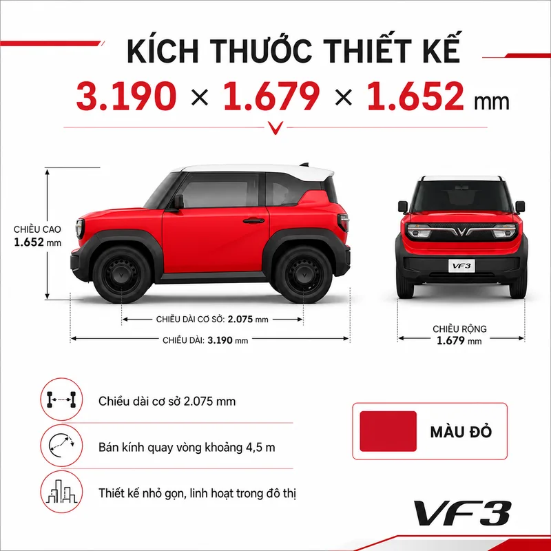 Hình ảnh xe VinFast VF 3 Màu Đỏ với kích thước tổng thể dài 3.190 mm, rộng 1.679 mm, cao 1.652 mm và chiều dài cơ sở 2.075 mm