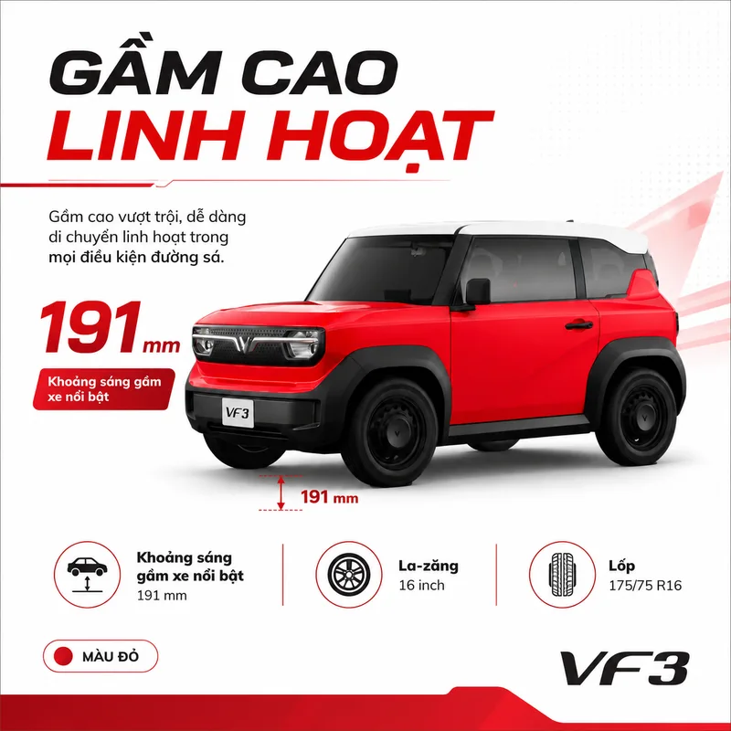 Xe VinFast VF 3 Màu Đỏ với gầm cao 191 mm, la-zăng 16 inch và lốp 175/75 R16