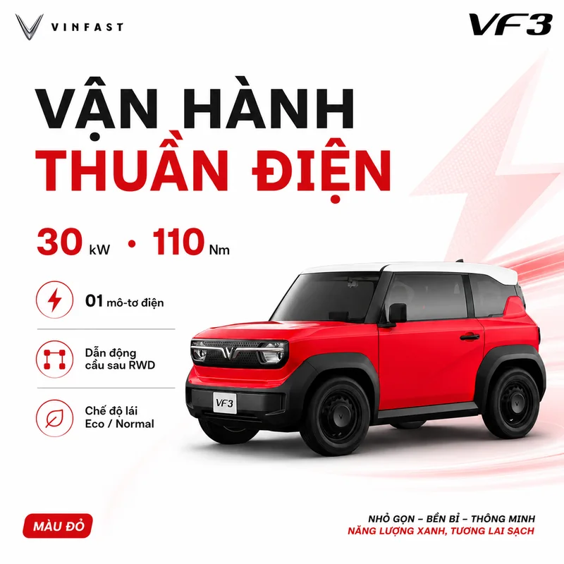 Xe VinFast VF 3 Màu Đỏ vận hành bằng mô-tơ điện 30 kW, mô-men xoắn 110 Nm, dẫn động cầu sau RWD