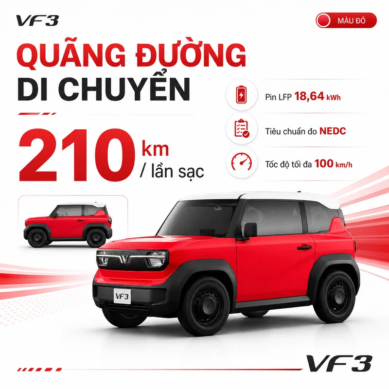 Xe VinFast VF 3 Màu Đỏ có quãng đường di chuyển 210 km mỗi lần sạc với pin LFP dung lượng 18,64 kWh