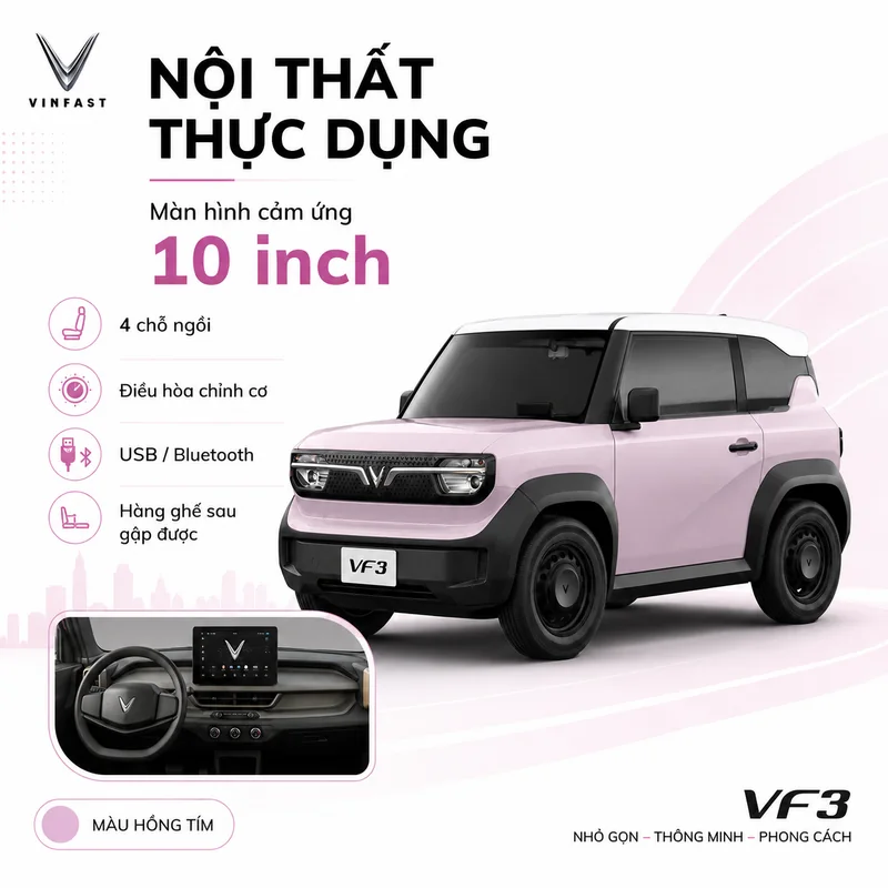Xe VinFast VF 3 Màu Tím với nội thất thực dụng gồm màn hình cảm ứng 10 inch, 4 chỗ ngồi, điều hòa chỉnh cơ, kết nối USB/Bluetooth và hàng ghế sau gập được