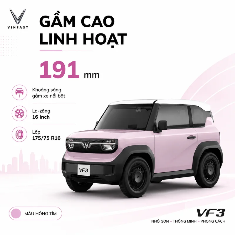Xe VinFast VF 3 Màu Tím với gầm cao 191 mm, la-zăng 16 inch và lốp 175/75 R16 cho khả năng linh hoạt và ổn định