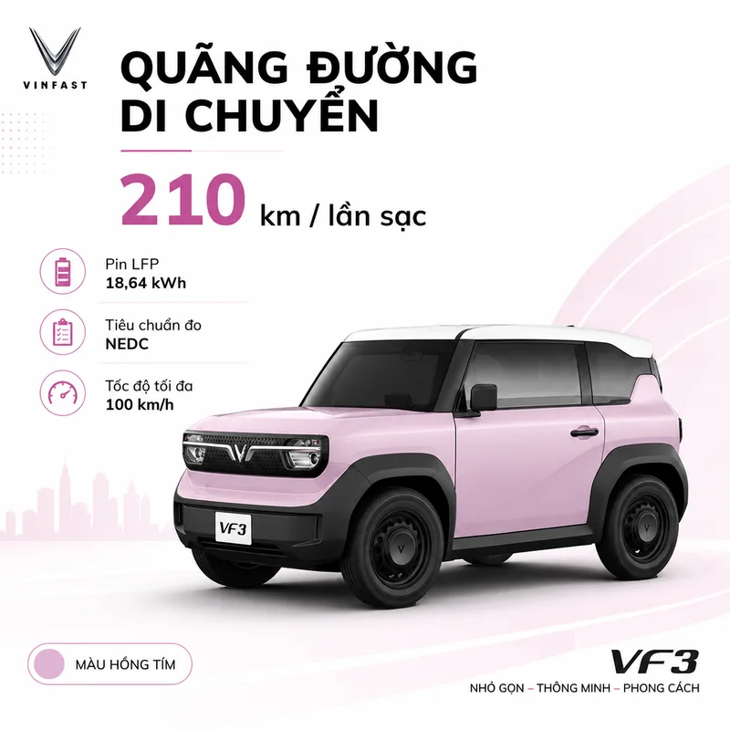 Xe VinFast VF 3 Màu Tím với thông tin quãng đường di chuyển 210 km mỗi lần sạc, pin LFP 18,64 kWh và tốc độ tối đa 100 km/h