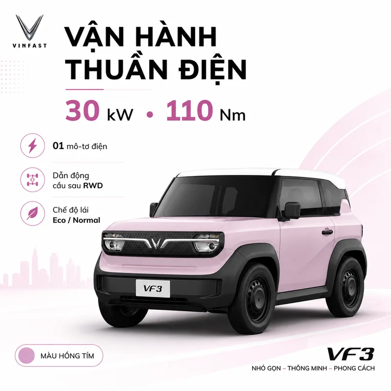 Xe VinFast VF 3 Màu Tím vận hành bằng mô-tơ điện 30 kW, mô-men xoắn 110 Nm, dẫn động cầu sau và chế độ lái Eco/Normal