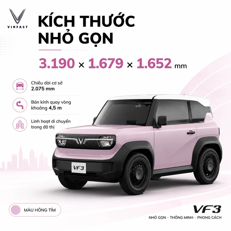 Xe VinFast VF 3 Màu Tím sạc nhanh trong 36 phút từ 10% đến 70% pin với bộ sạc di động 3 kW và sạc nhanh DC tối đa 24 kW