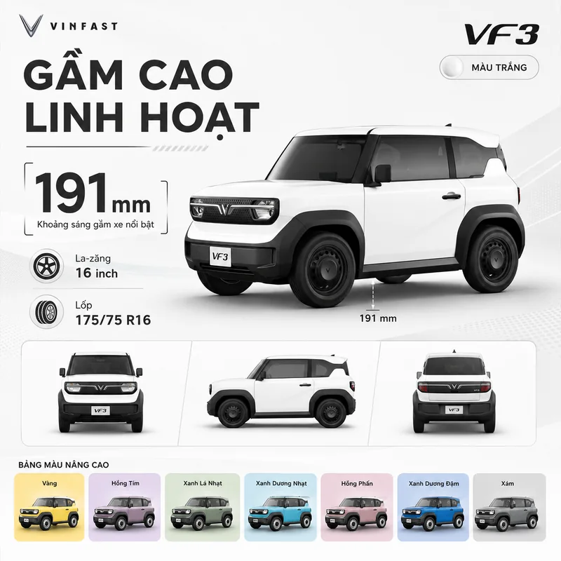 Xe VinFast VF 3 màu trắng với thông số gầm cao 191 mm, la-zăng 16 inch và lốp 175/75 R16