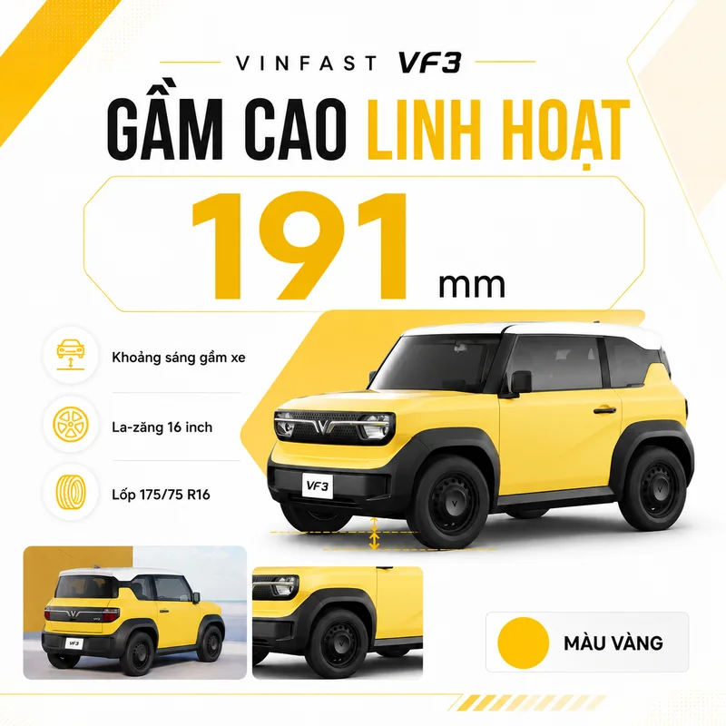 VinFast VF 3 Màu Vàng với gầm cao linh hoạt 191 mm, la-zăng 16 inch, lốp 175/75 R16