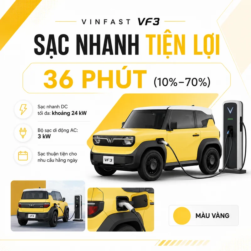 VinFast VF 3 Màu Vàng sạc nhanh trong 36 phút từ 10% đến 70%, sạc DC tối đa 24 kW, bộ sạc di động AC 3 kW