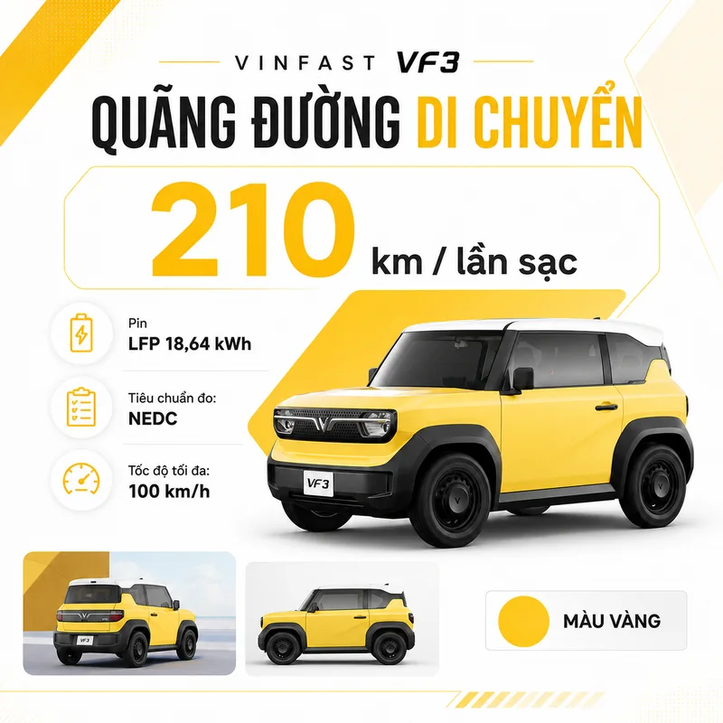 VinFast VF 3 Màu Vàng với quãng đường di chuyển 210 km mỗi lần sạc, pin LFP 18,64 kWh, tốc độ tối đa 100 km/h