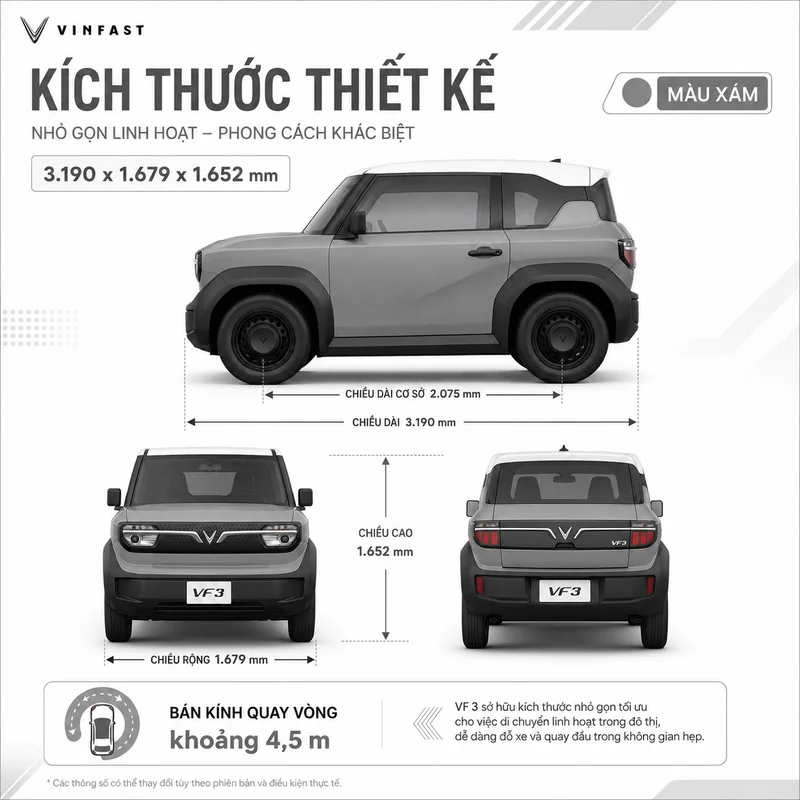 Hình ảnh kích thước thiết kế xe VinFast VF 3 màu xám với các số đo chiều dài, rộng, cao và bán kính quay vòng