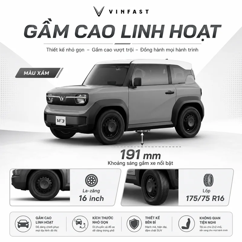 Xe VinFast VF 3 màu xám với gầm cao 191 mm, la-zăng 16 inch và lốp 175/75 R16