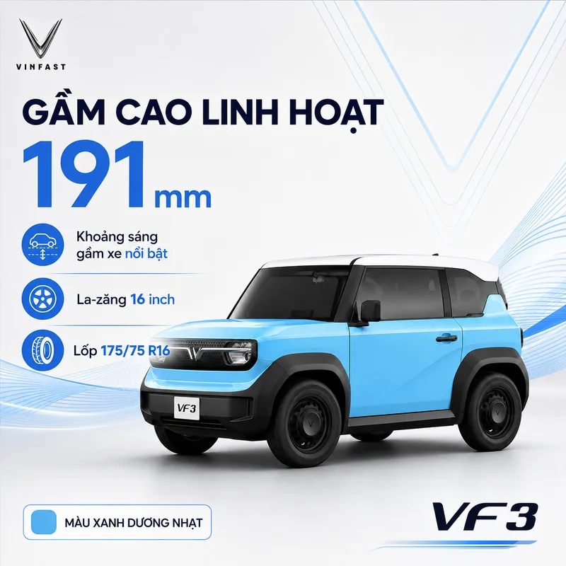 Xe VinFast VF 3 màu xanh dương nhạt với gầm cao 191 mm, la-zăng 16 inch và lốp 175/75 R16