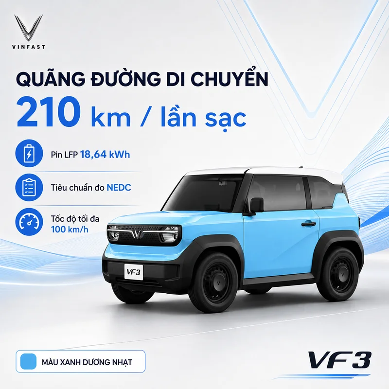 Xe VinFast VF 3 màu xanh dương nhạt với thông số quãng đường di chuyển 210 km mỗi lần sạc và pin LFP 18,64 kWh