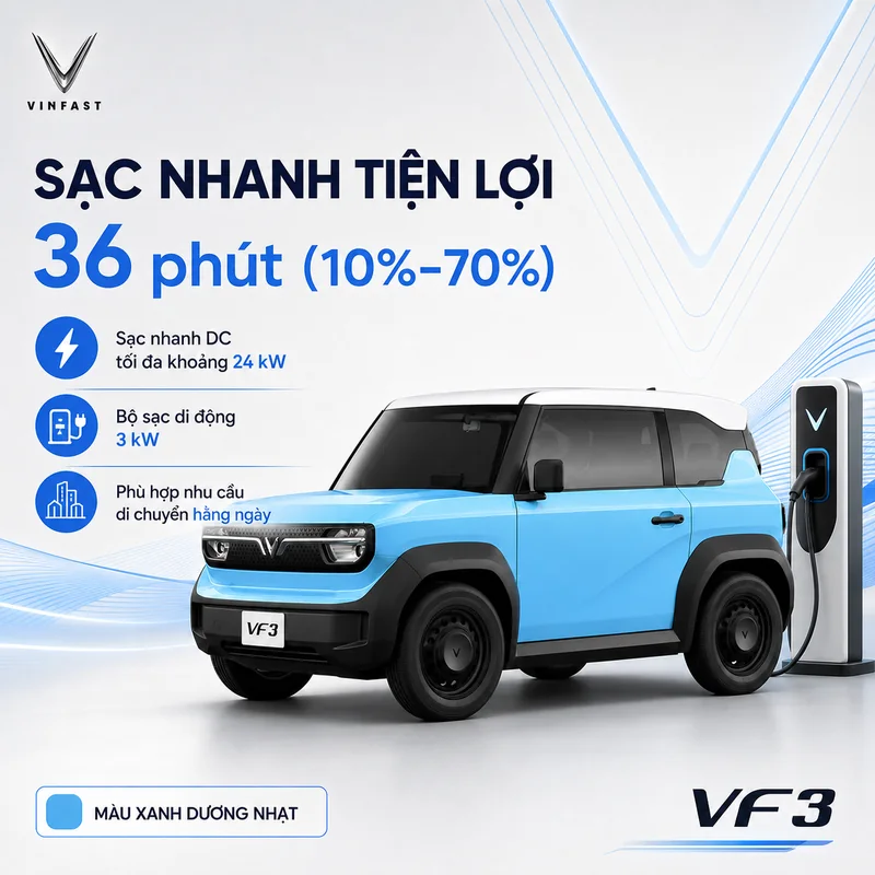 Xe VinFast VF 3 màu xanh dương nhạt với sạc nhanh 36 phút từ 10% đến 70%, sạc nhanh DC 24 kW và bộ sạc di động 3 kW