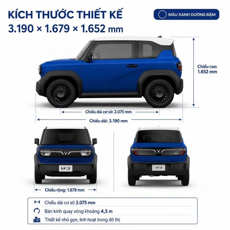 Hình ảnh xe VinFast VF 3 màu xanh dương với kích thước tổng thể dài 3.190 mm, rộng 1.679 mm, cao 1.652 mm và chiều dài cơ sở 2.075 mm