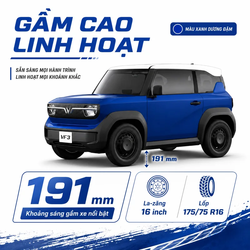 Xe VinFast VF 3 màu xanh dương với khoảng sáng gầm xe 191 mm, la-zăng 16 inch và lốp 175/75 R16
