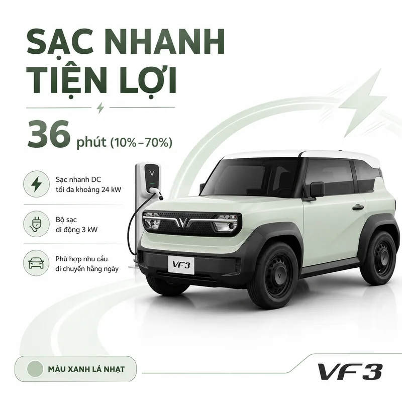 VinFast VF 3 Màu Xanh Rêu với sạc nhanh DC 24 kW, bộ sạc di động 3 kW, sạc nhanh tiện lợi trong 36 phút từ 10% đến 70%