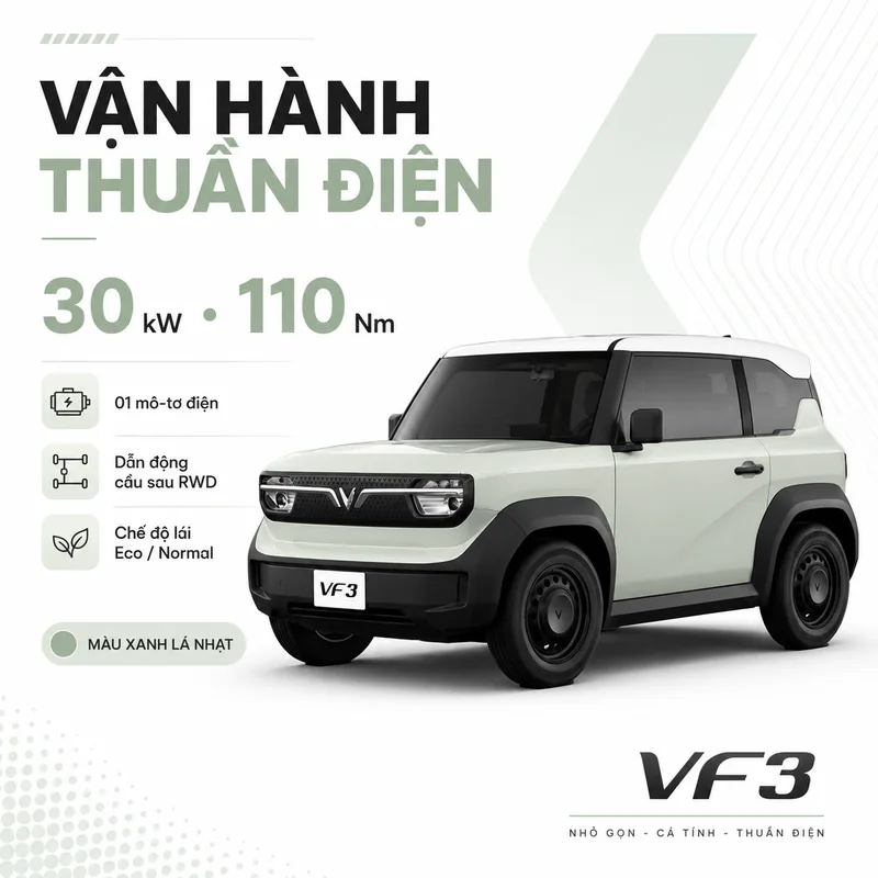 VinFast VF 3 Màu Xanh Rêu vận hành với mô-tơ điện 30 kW, mô-men xoắn 110 Nm, dẫn động cầu sau RWD, chế độ lái Eco và Normal