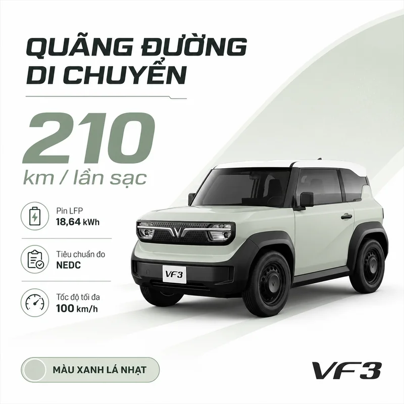 VinFast VF 3 Màu Xanh Rêu với quãng đường di chuyển 210 km mỗi lần sạc, pin LFP 18,64 kWh, tốc độ tối đa 100 km/h