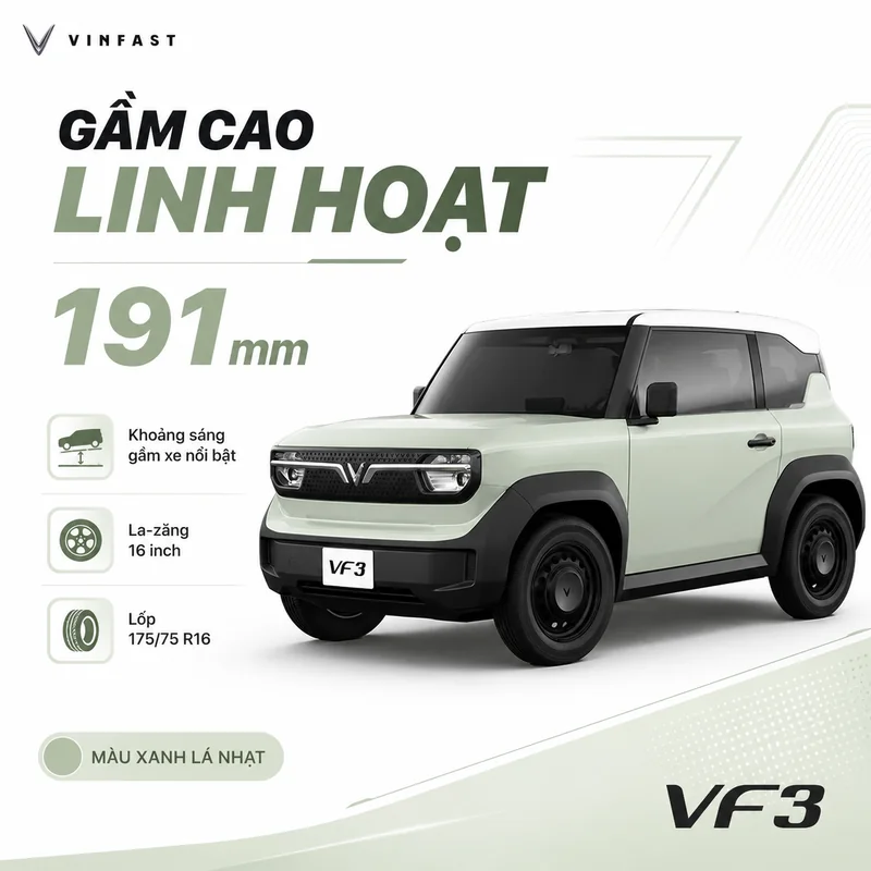 VinFast VF 3 Màu Xanh Rêu với khoảng sáng gầm xe 191 mm, la-zăng 16 inch, lốp 175/75 R16, linh hoạt vượt chướng ngại vật