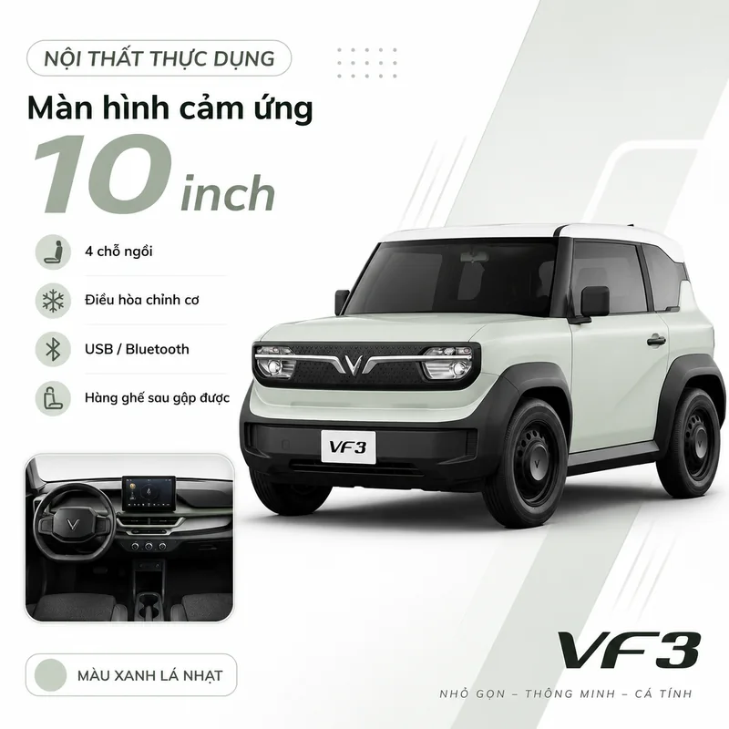 Nội thất VinFast VF 3 Màu Xanh Rêu với màn hình cảm ứng 10 inch, 4 chỗ ngồi, điều hòa chỉnh cơ, kết nối USB và Bluetooth