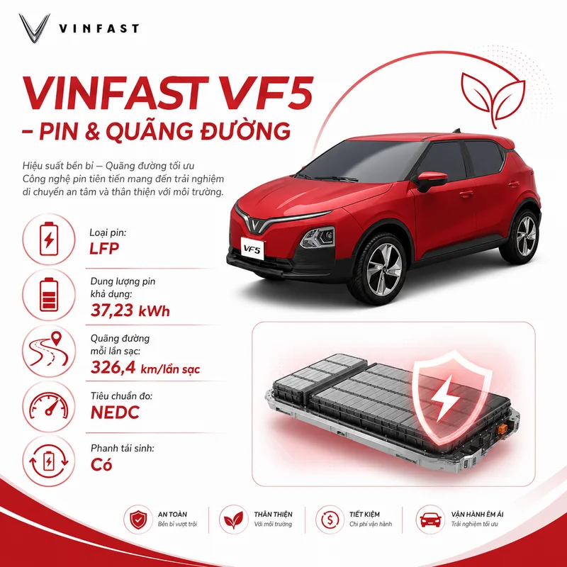 Xe VinFast VF 5 màu đỏ với pin LFP dung lượng 37,23 kWh, quãng đường di chuyển 326,4 km mỗi lần sạc, tiêu chuẩn NEDC, phanh tái sinh năng lượng và các phụ kiện sạc đi kèm.