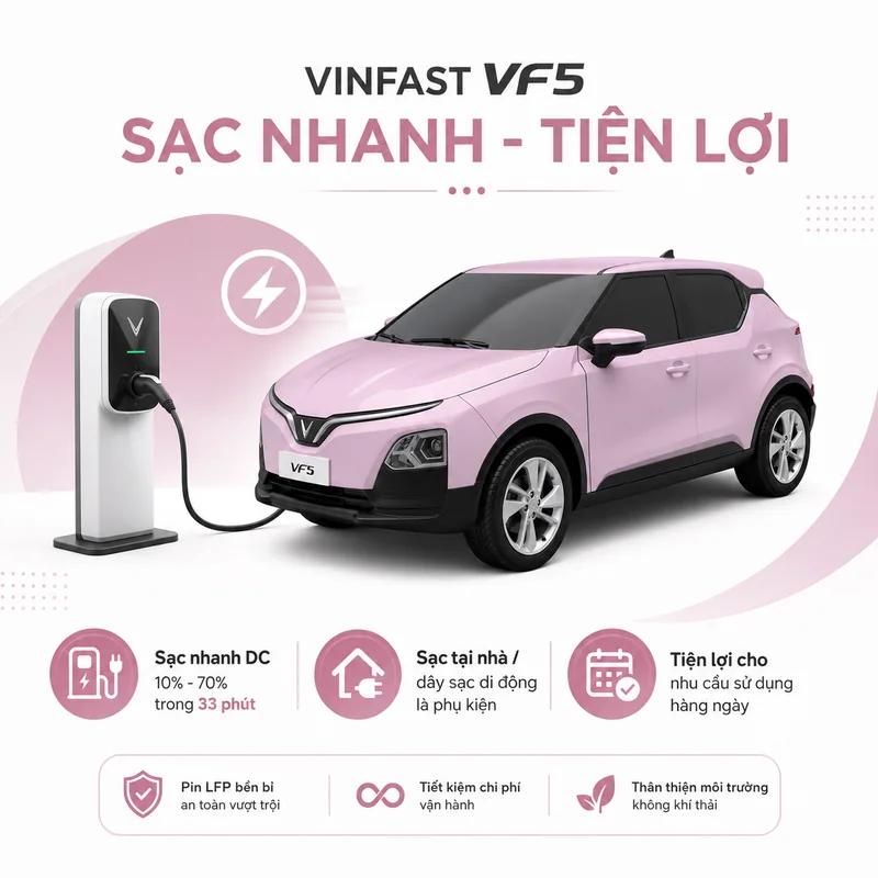 Xe VinFast VF 5 màu hồng đang sạc nhanh với các biểu tượng tiện lợi và tiết kiệm chi phí vận hành