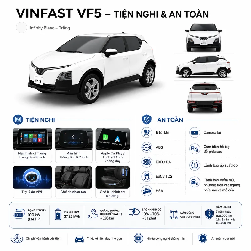 Hình ảnh xe VinFast VF5 màu trắng với các tính năng tiện nghi và an toàn như màn hình cảm ứng, ghế da nhân tạo, hệ thống túi khí và công nghệ hỗ trợ lái.