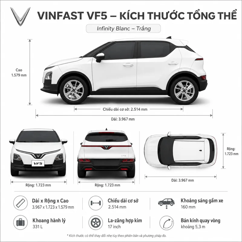 Hình ảnh kích thước tổng thể xe VinFast VF5 màu trắng với các thông số dài, rộng, cao, chiều dài cơ sở và khoang hành lý.