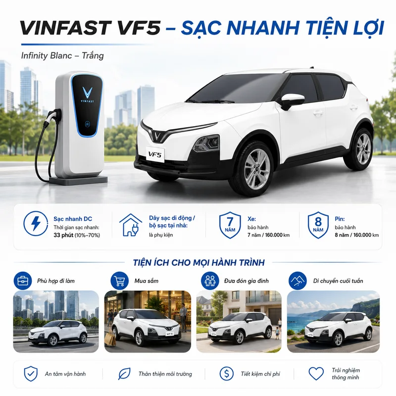 Hình ảnh xe VinFast VF5 màu trắng đang sạc nhanh DC với các tiện ích như dây sạc di động, bảo hành xe và pin.