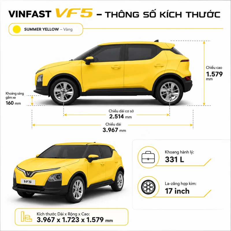 Xe VinFast VF 5 màu vàng với các thông số kích thước tổng thể và la-zăng hợp kim 17 inch được hiển thị rõ ràng
