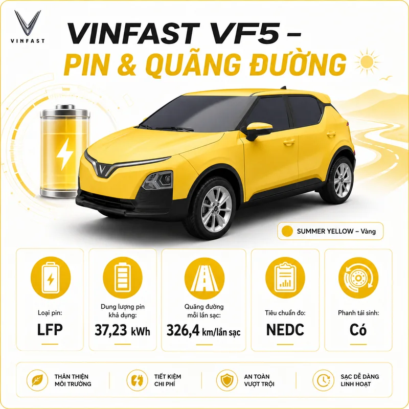 Xe VinFast VF 5 màu vàng cùng biểu tượng pin LFP dung lượng 37,23 kWh, quãng đường 326,4 km mỗi lần sạc và phanh tái sinh năng lượng