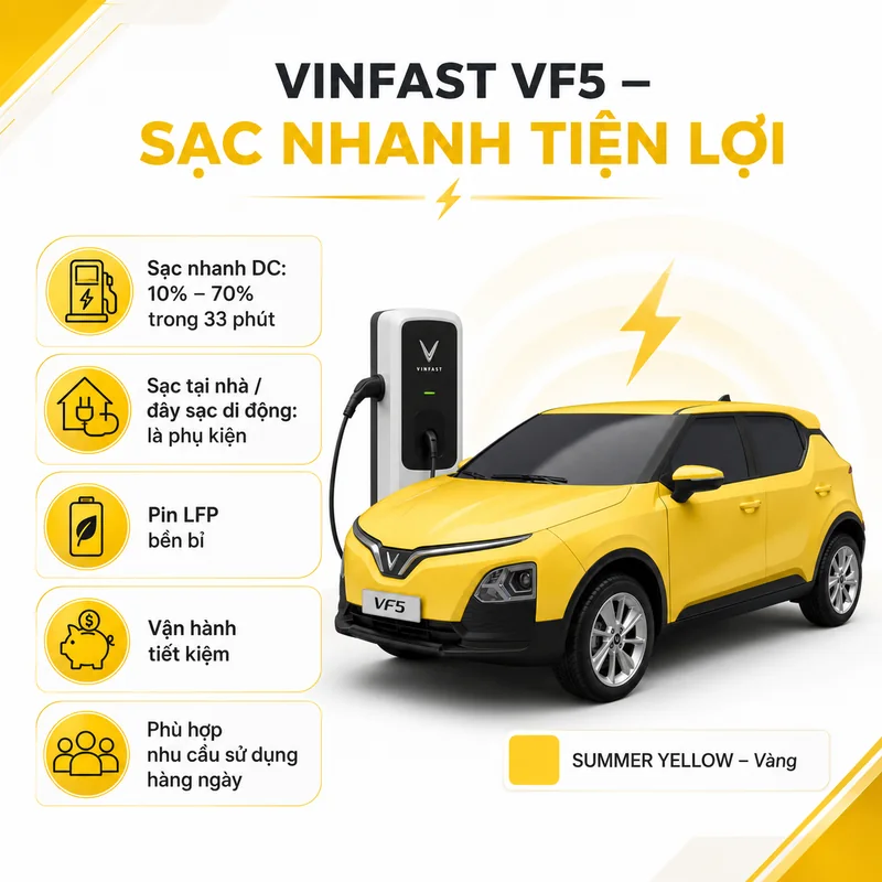 Xe VinFast VF 5 màu vàng cùng các biểu tượng thể hiện sạc nhanh DC từ 10% đến 70% trong 33 phút, pin bền bỉ và vận hành tiết kiệm